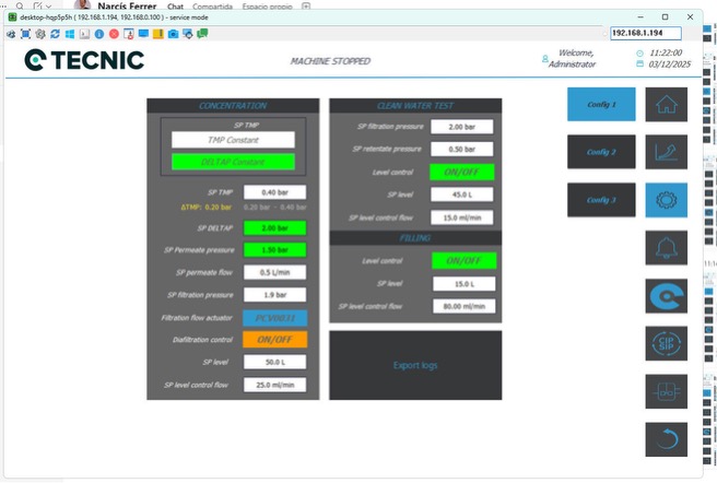 eSCADA configuration screen with TMP, ΔP, permeate and diafiltration setpoints